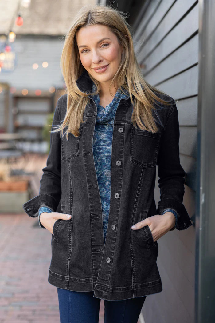 Long Stretch Denim Boyfriend Jean Jacket - 11410