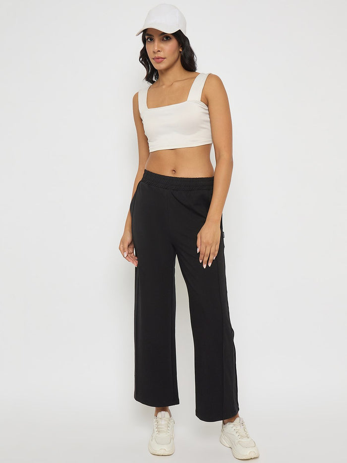 Madame Black Straight FIt Cotton Blend Track Bottoms