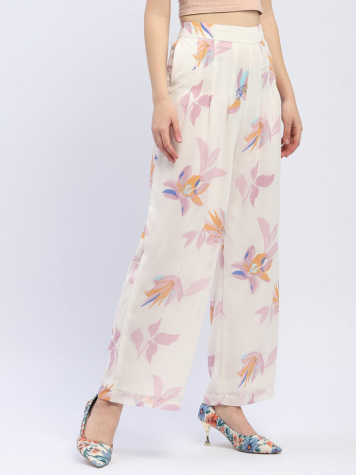 Madame Floral Off-White Front Pleated Trouser