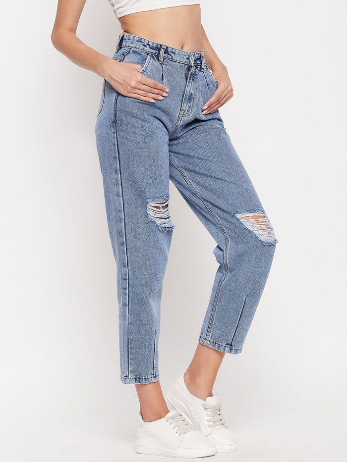 Madame High-Distressed Calf-Length Slim Light Blue Jeans