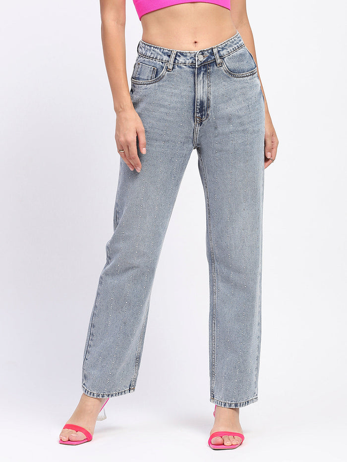 Madame Light Wash Embellished Light Blue Cotton Denim