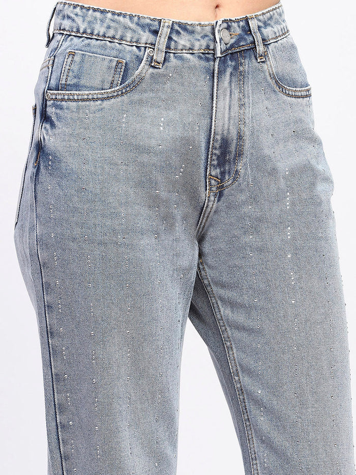 Madame Light Wash Embellished Light Blue Cotton Denim