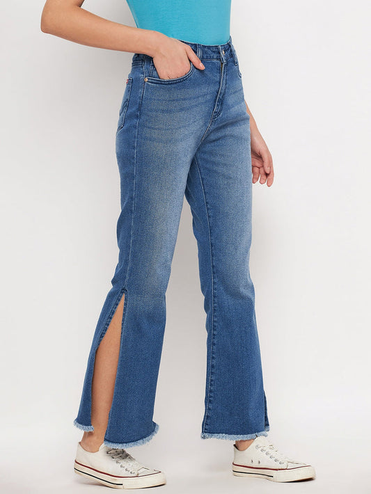 Madame Mid-Rise Side Slit Raw Hem Jeans