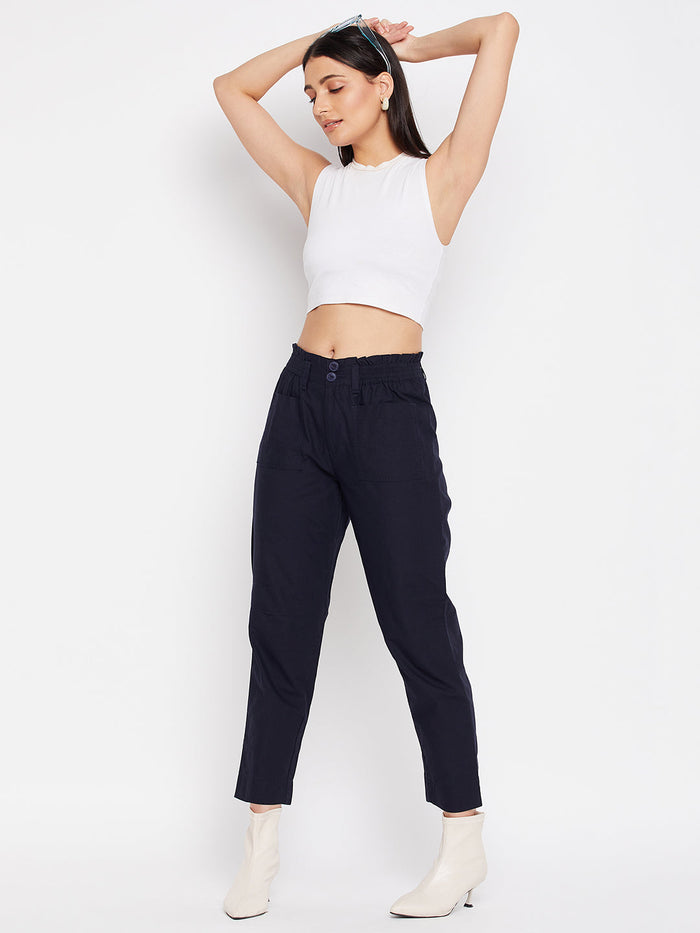 Madame Navy Cotton Ankle Length Trousers