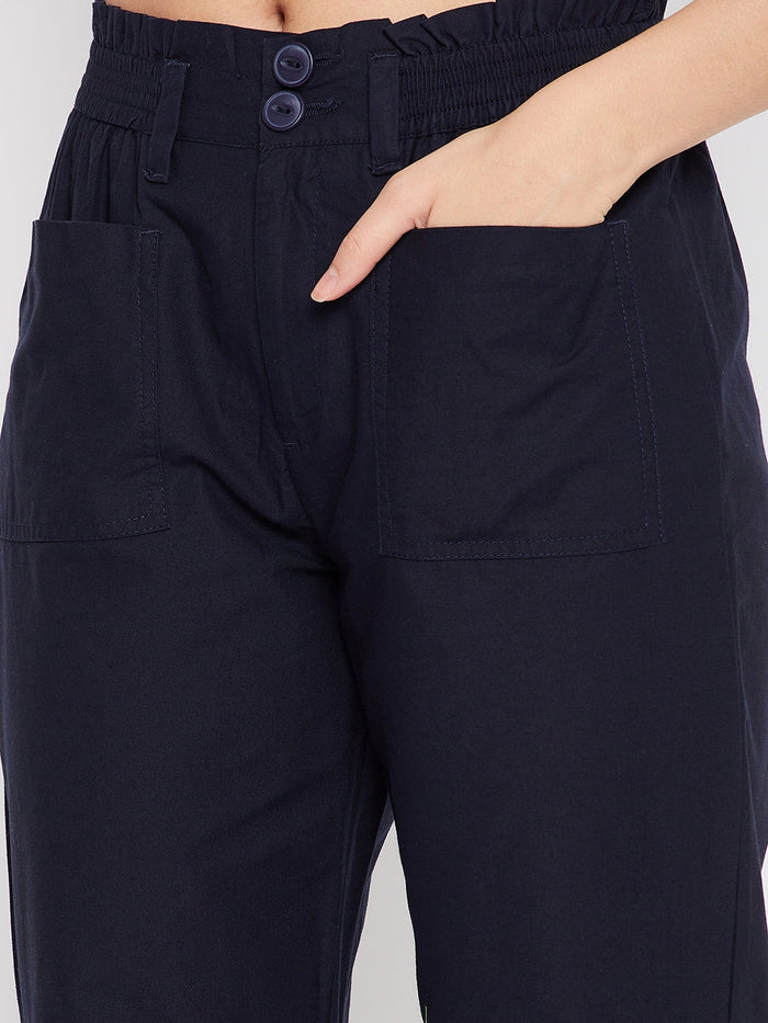 Madame Navy Cotton Ankle Length Trousers