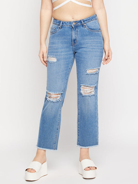 Madame Ripped Mid-Rise Double Wash Cropped Straight Fit Jeans