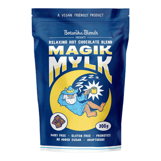 Blue package of Magik Mylk hot chocolate blend with a cartoon wizard illustration on a white background.