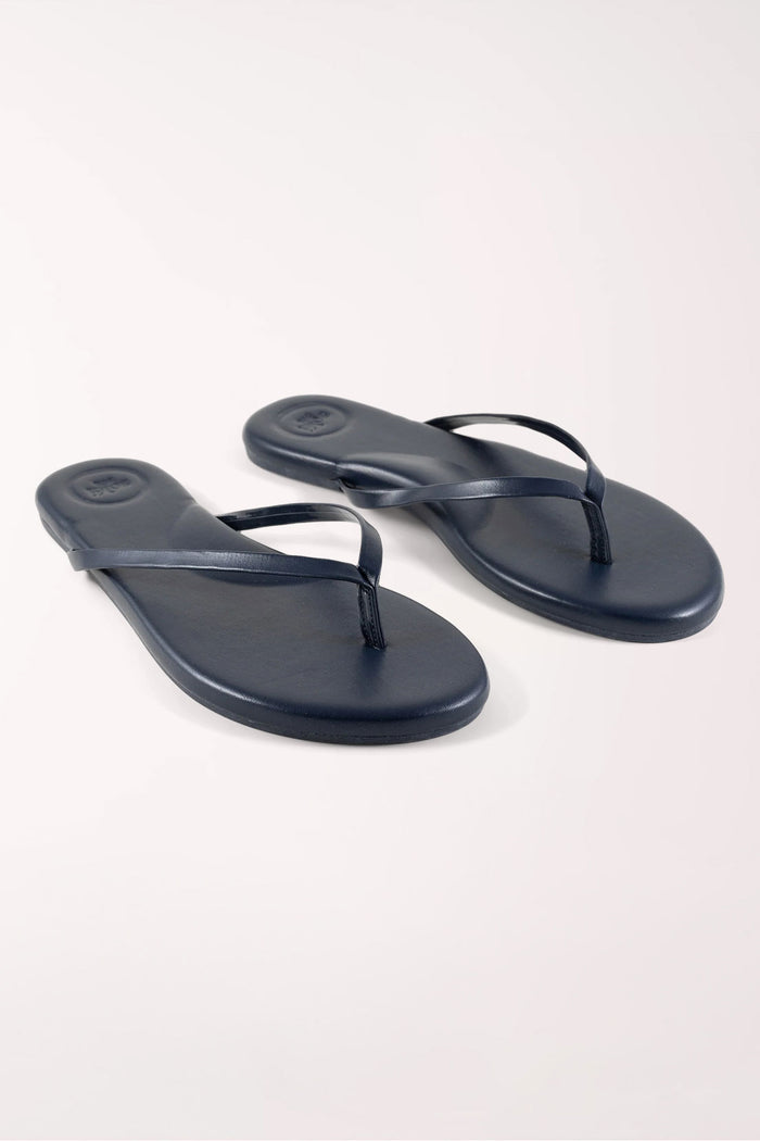 Pair of navy blue flip-flops on a white background