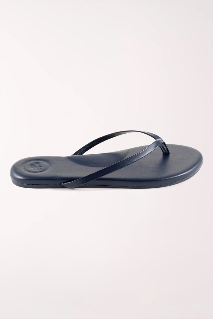 Pair of navy blue flip-flops on a white background