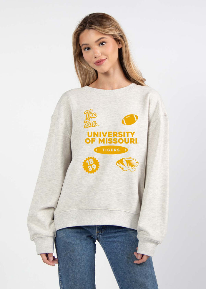Missouri Tigers Women's Ash-Grey Relaxed Heavyweight Fleece Sweatshirt with Dropped shoulders, crew neckline, back center seam and ribbed neckline, cuffs and hem