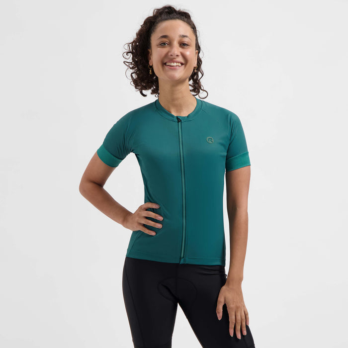 Rogelli Modesta fietsshirt dames teal korte mouw gedragen voorkant.