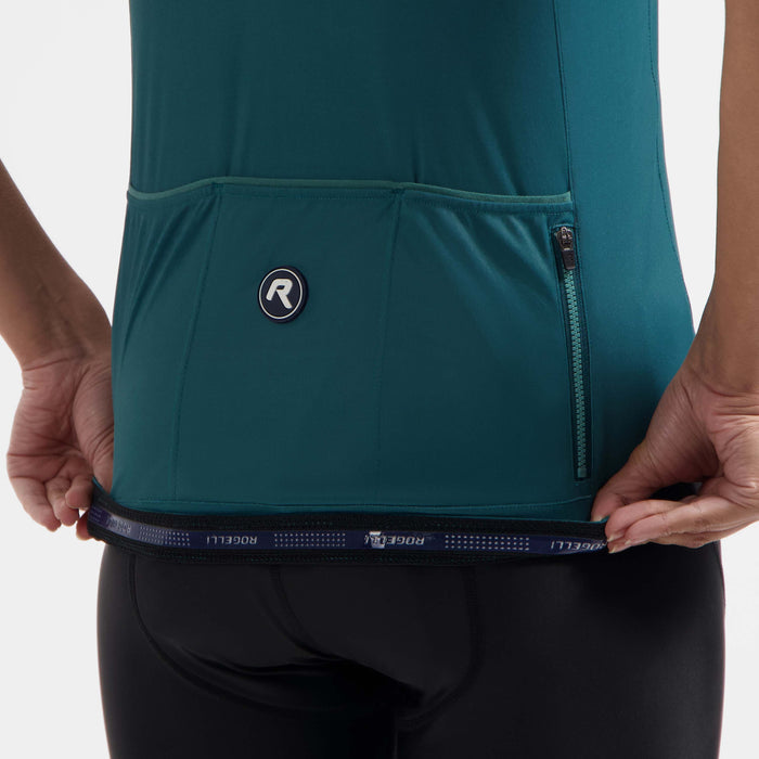 Detail van Rogelli Modesta fietsshirt dames teal korte mouw achterkant.