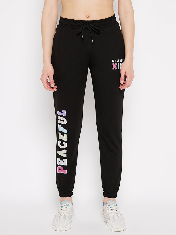 Msecret Black Printed Mid-Rise Cotton Track Bottom