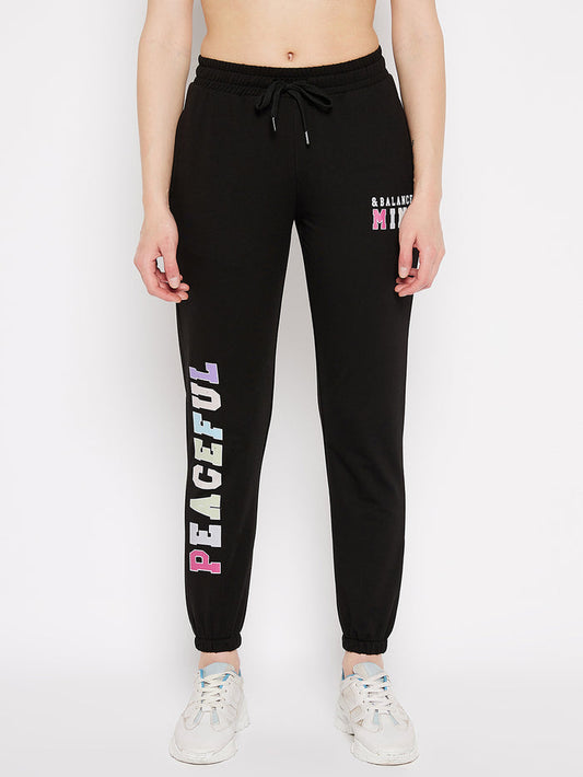 Msecret Black Printed Mid-Rise Cotton Track Bottom