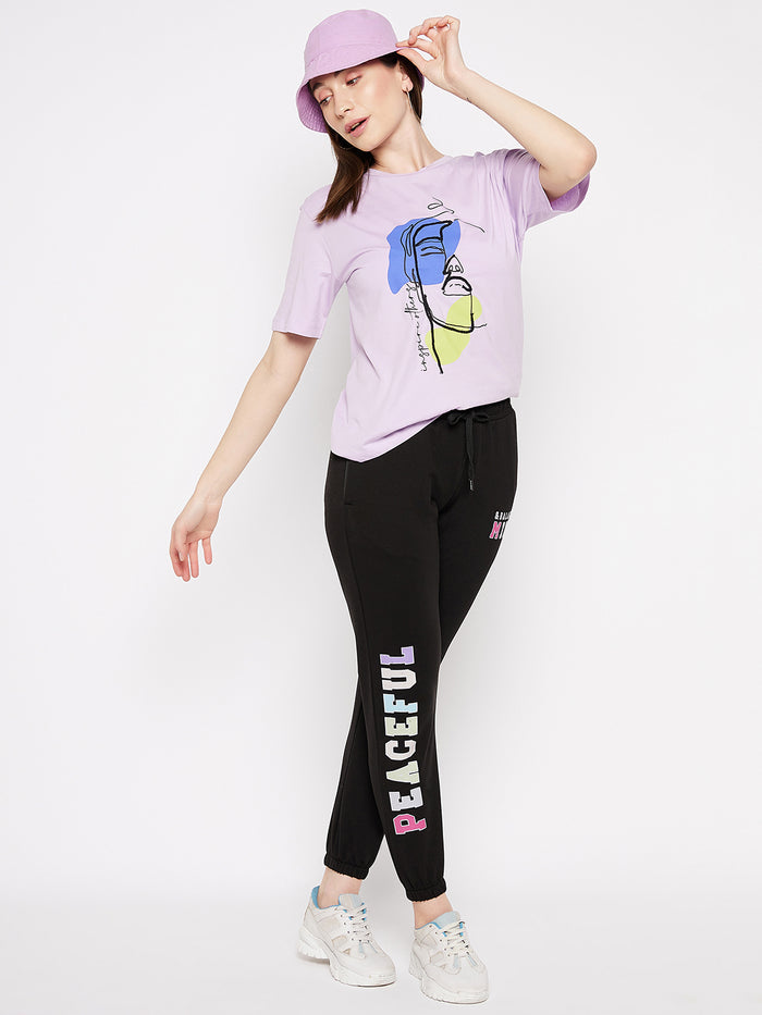 Msecret Black Printed Mid-Rise Cotton Track Bottom
