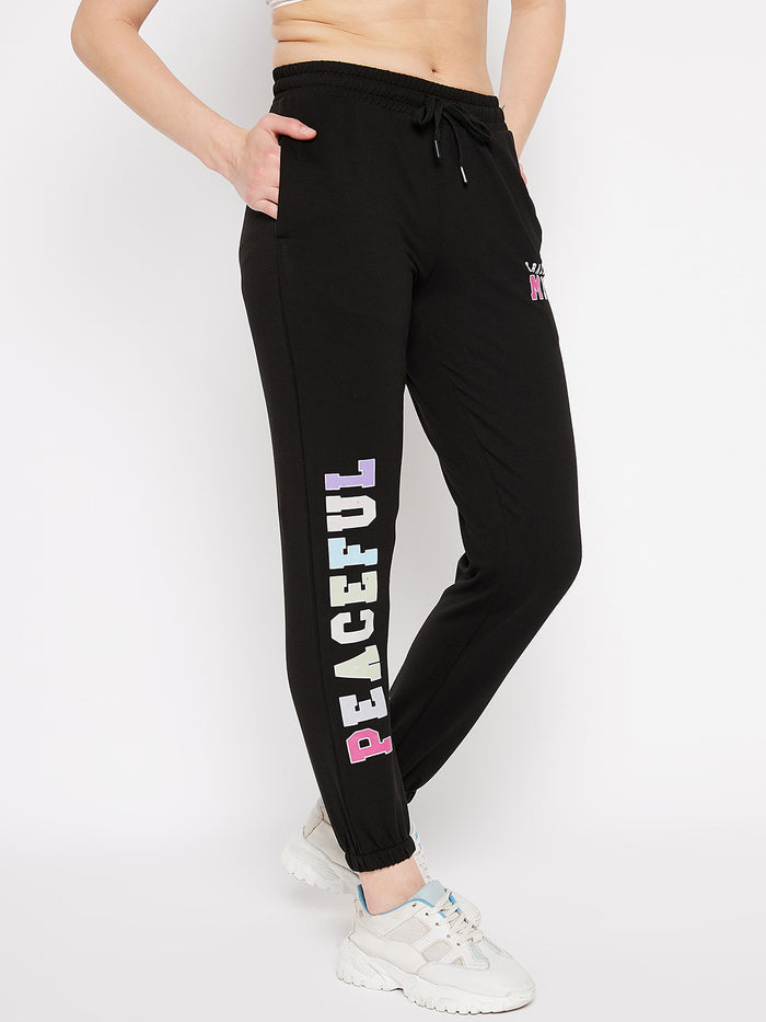 Msecret Black Printed Mid-Rise Cotton Track Bottom