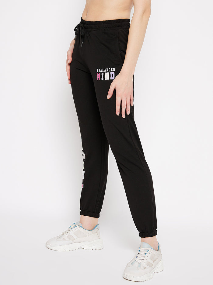 Msecret Black Printed Mid-Rise Cotton Track Bottom