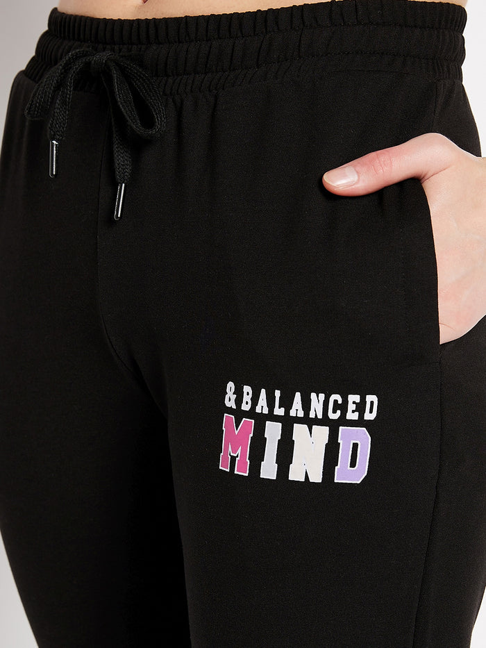 Msecret Black Printed Mid-Rise Cotton Track Bottom