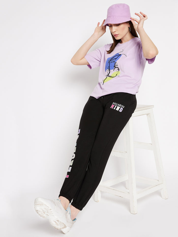 Msecret Black Printed Mid-Rise Cotton Track Bottom