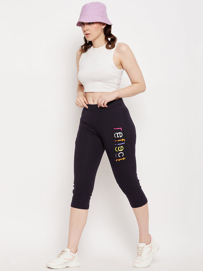 mSECRET Navy Printed Calf Length Track Pants
