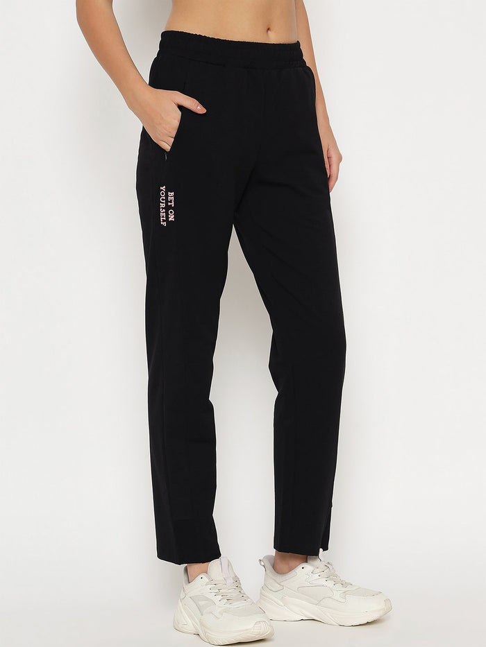 mSECRET Typography Adorned Cotton Blend Black Track Bottoms