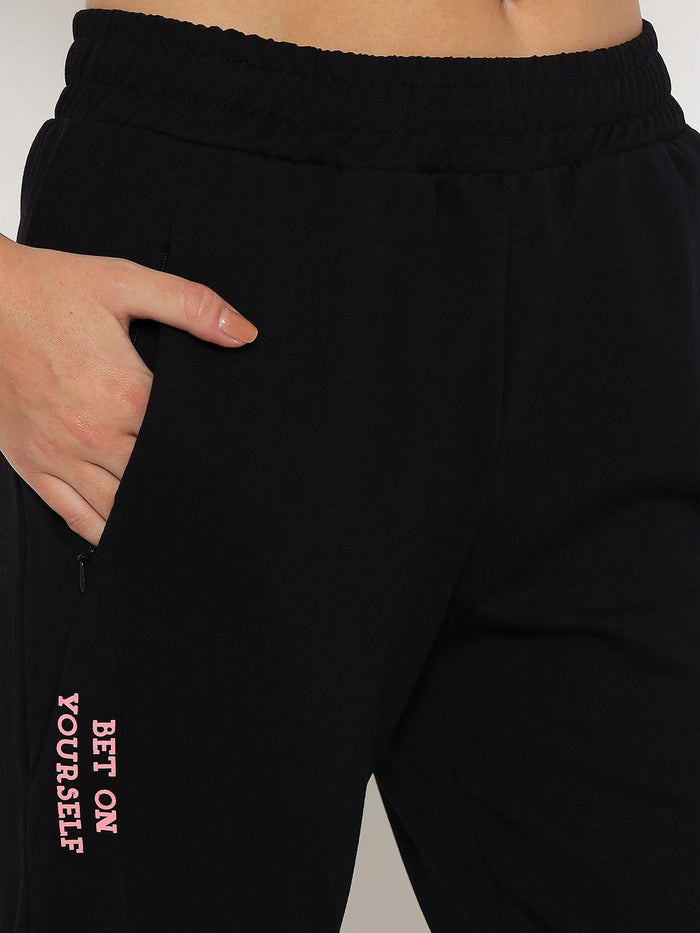 mSECRET Typography Adorned Cotton Blend Black Track Bottoms