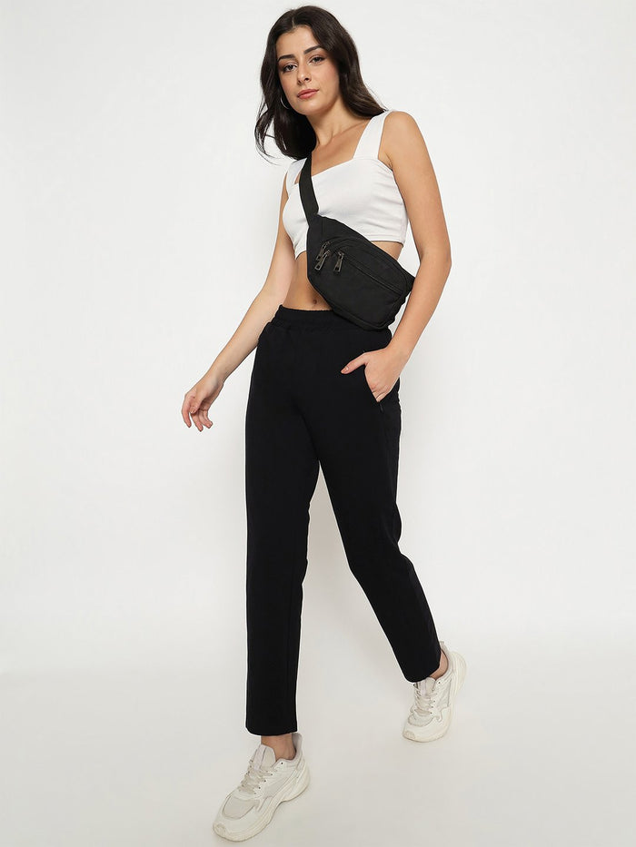 mSECRET Typography Adorned Cotton Blend Black Track Bottoms
