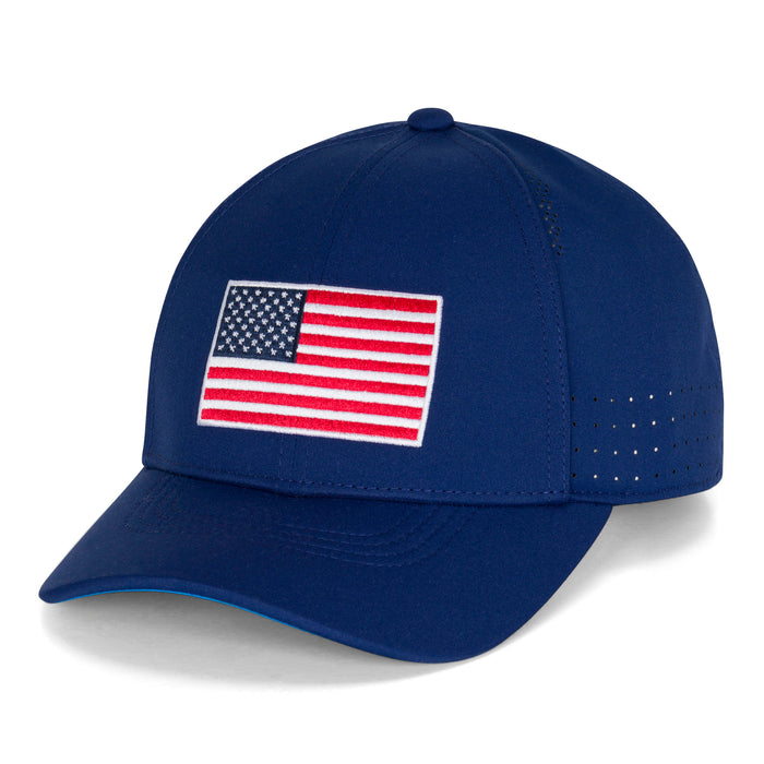 Blue cap with American flag patch on a white background