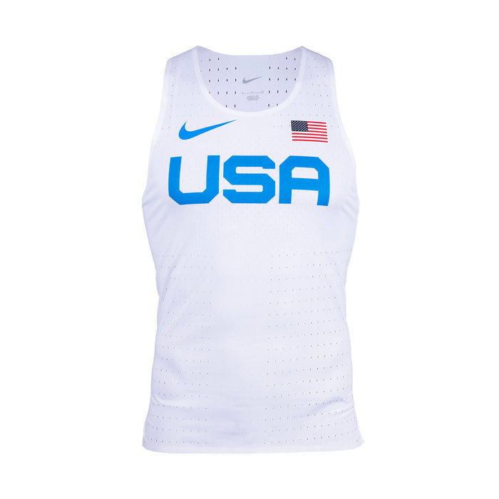 A white Nike singlet with the USA flag and Nike logo in blue and red.
