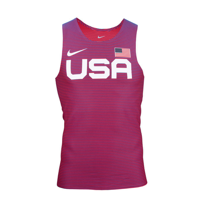 A red and blue striped Nike muscle tank top with 'USA' and an American flag on the front.