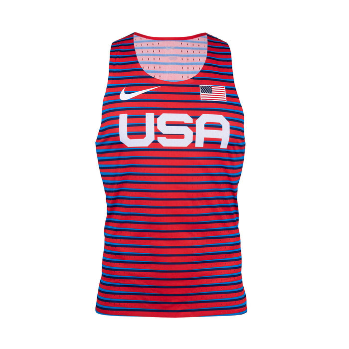 A red and blue striped Nike singlet with 'USA' text and an American flag on the front.