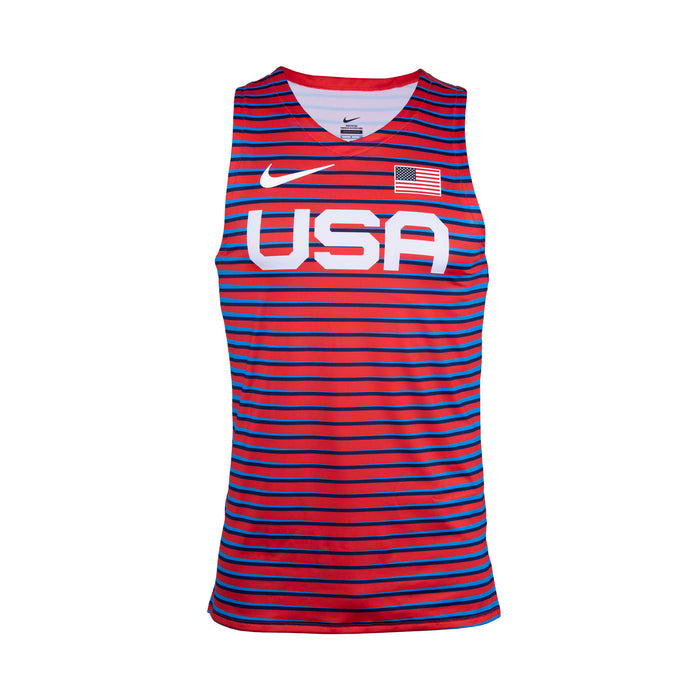 A sleeveless tank top with red and blue horizontal stripes, featuring the USA graphic and the Nike swoosh logo.
