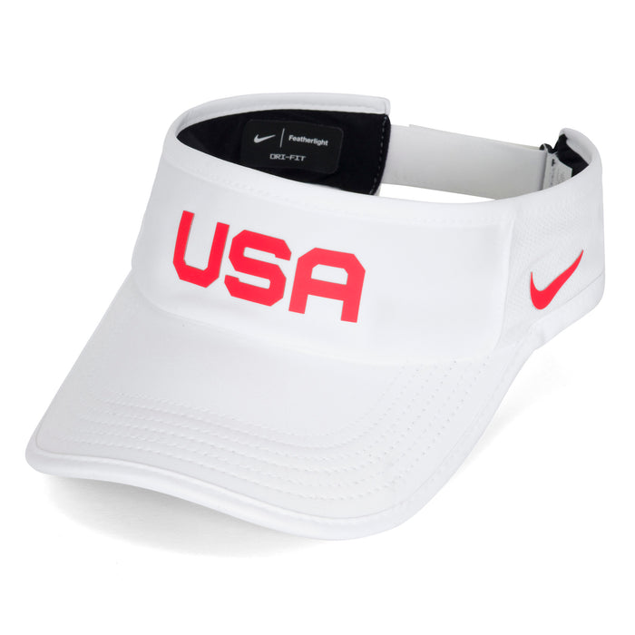 White visor with 'USA' in red and Nike logo on a white background