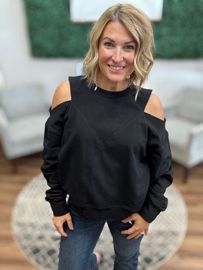 Off-Duty Cold Shoulder Sweatshirt - Black