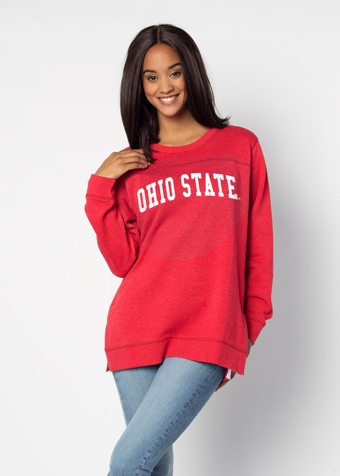Ohio State Buckeyes Women's Red  Feathered fleece  with Long side slits finished with white twill tape and front yoke seam
