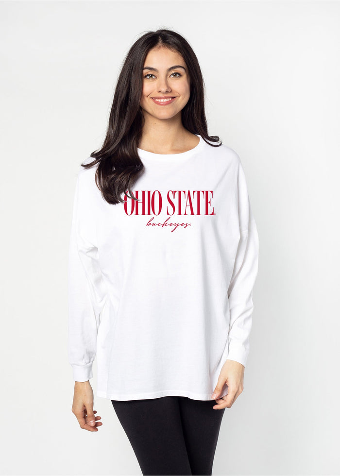 Ohio State Buckeyes Unisex White Oversized, slouchy Mineral wash T-Shirt with Extreme dropped shoulders, oversized sleeves and lived-in look and feel