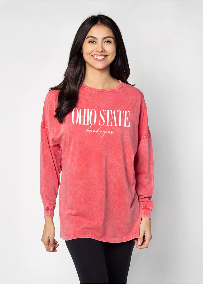 Ohio State Buckeyes Unisex Cardinal Oversized, slouchy Mineral wash T-Shirt with Extreme dropped shoulders, oversized sleeves and lived-in look and feel