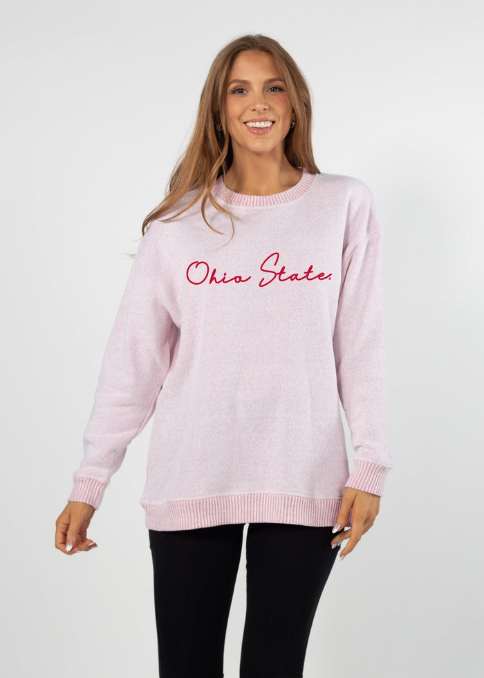 Ohio State Buckeyes Women's Cardinal Relaxed, straight Yarn-dyed brushed fleece Sweatshirt with the look of sweater, the touch of a blanket, crew neckline and ribbed neck, cuffs and hem