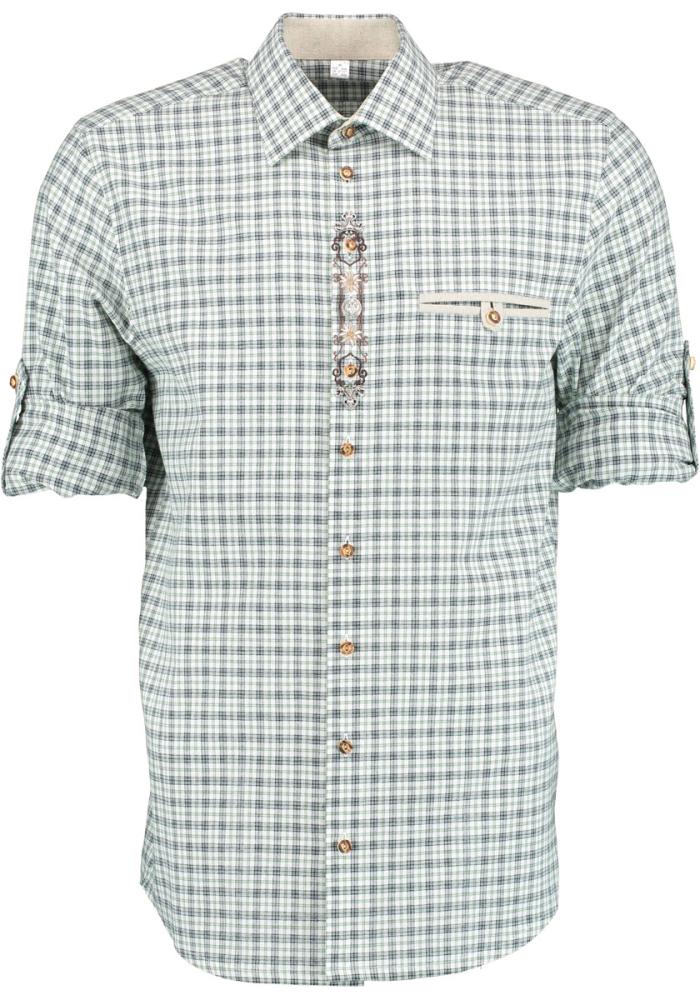OS Trachten Men's Check Shirt "Jesse" Shark Collar, Forest Green