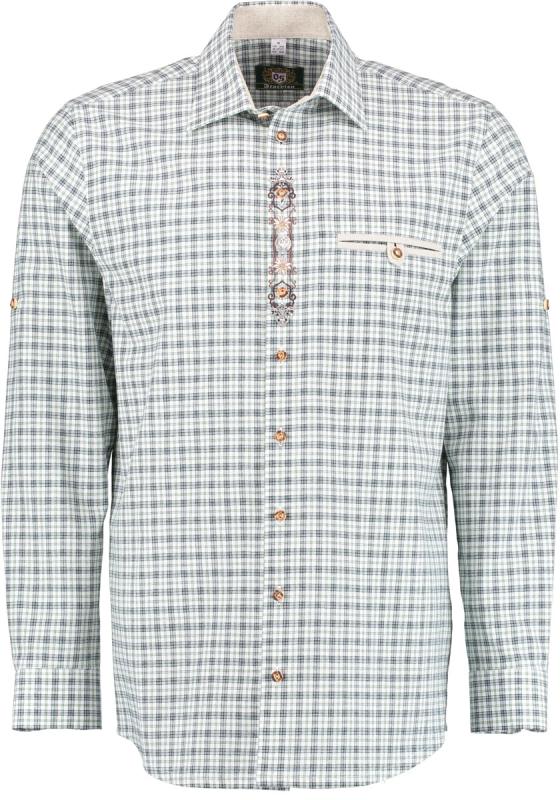 OS Trachten Men's Check Shirt "Jesse" Shark Collar, Forest Green
