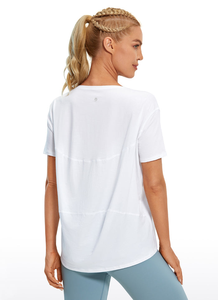 CRZ YOGA Women's Yoga Loose Fit Pima Cotton Short Sleeves Boat Neck White