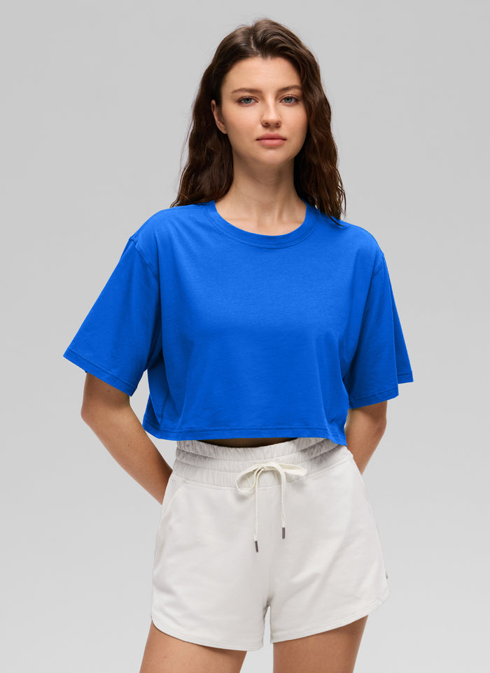 CRZ YOGA Women's Casual Loose Fit Pima Cotton Short Sleeves Cropped Strong Blue