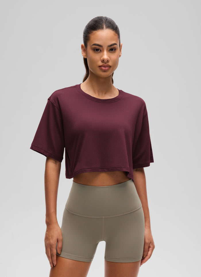 CRZ YOGA Women's Casual Loose Fit Pima Cotton Short Sleeves Cropped Dark Red 2
