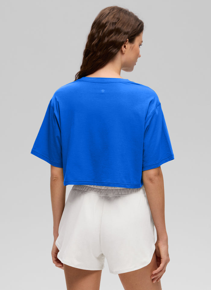 CRZ YOGA Women's Casual Loose Fit Pima Cotton Short Sleeves Cropped Strong Blue