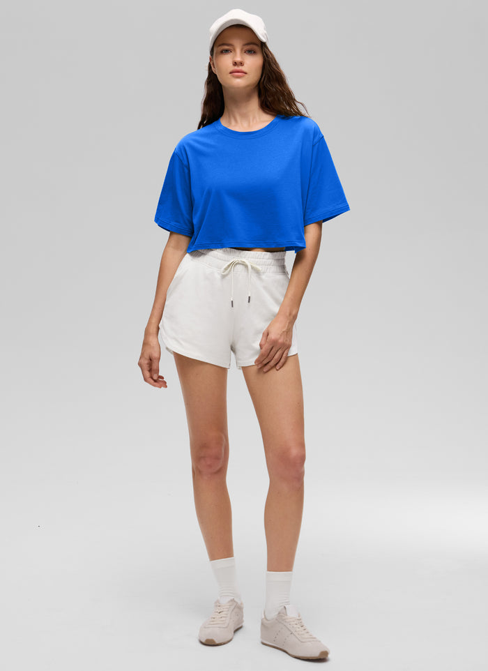 CRZ YOGA Women's Casual Loose Fit Pima Cotton Short Sleeves Cropped Strong Blue