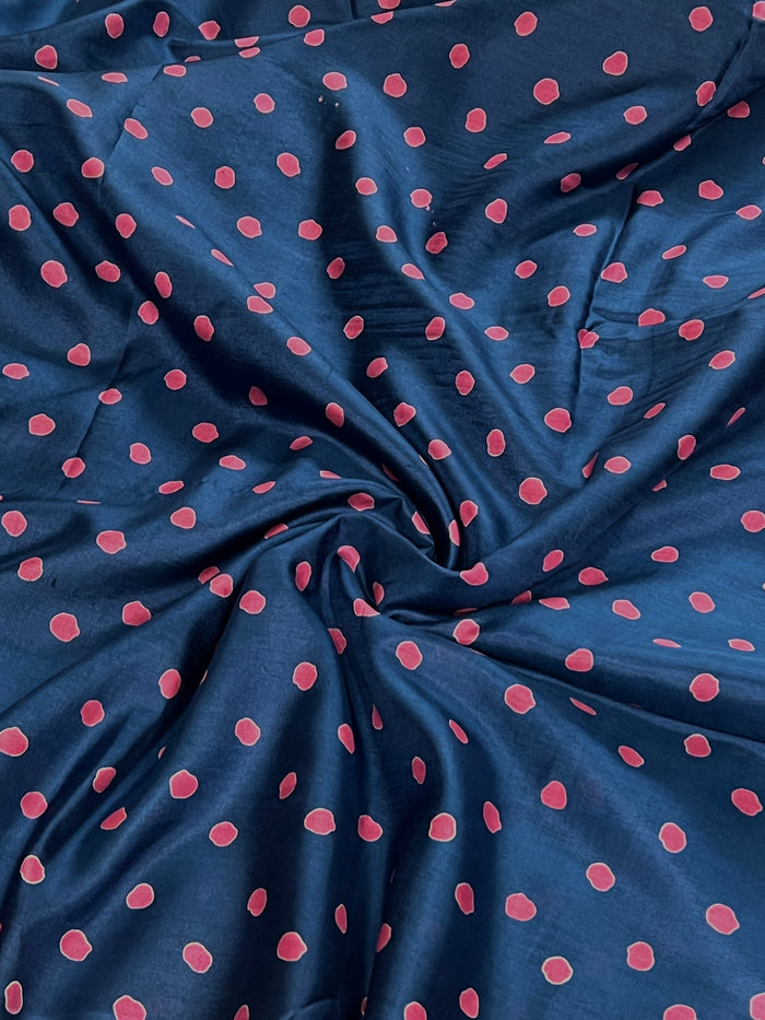 Pink Polka Block Printed Silk Fabric