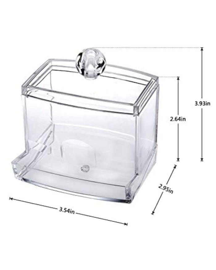 Clear acrylic swab and pad holder box with knob lid and open compartment; size view