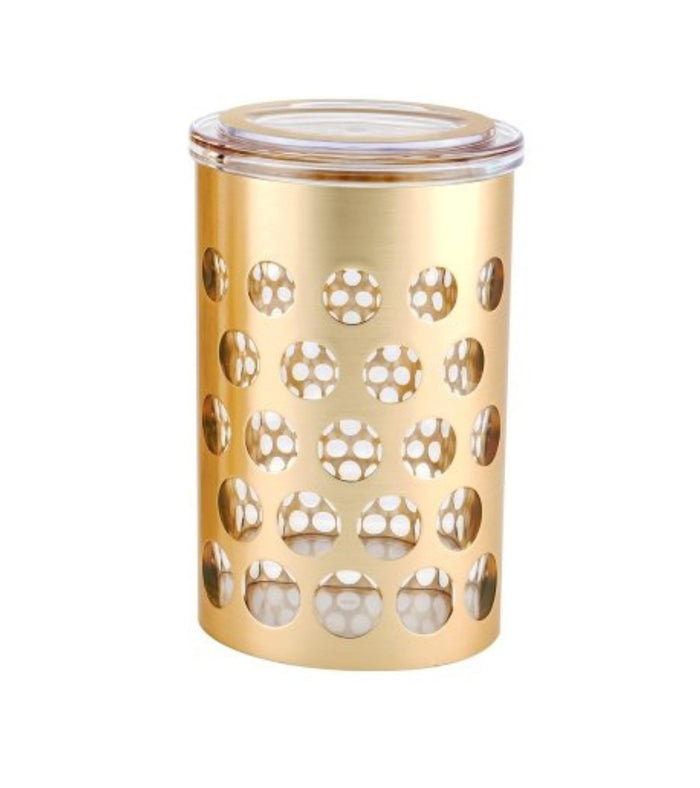Gold airtight kitchen storage jar with clear lid and round polka dot pattern.