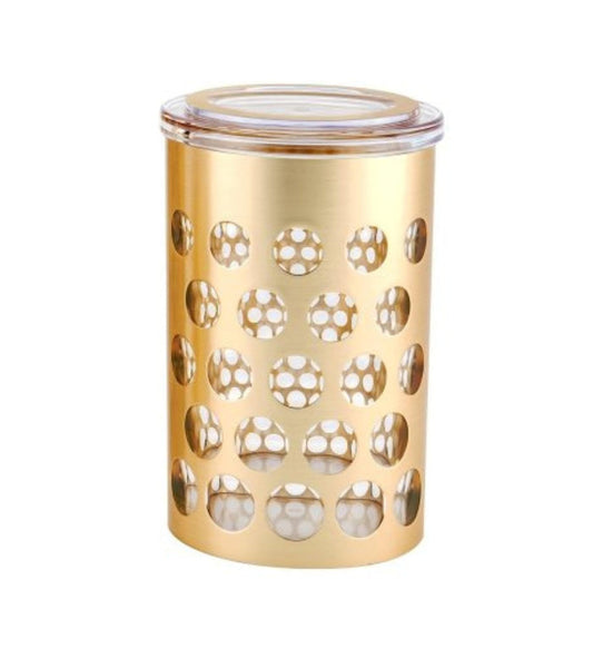 Gold airtight kitchen storage jar with clear lid and round polka dot pattern.