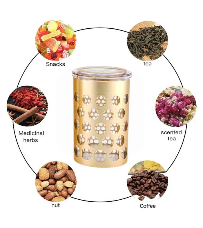 Gold airtight kitchen storage jar with clear lid and round polka dot pattern.